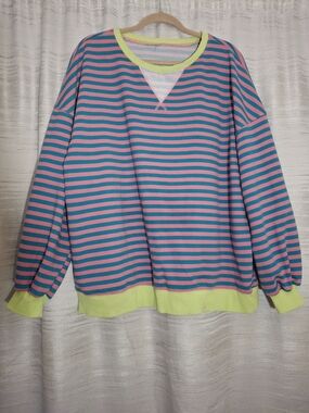 Striped Pink & Teal Pullover with Lime Trim